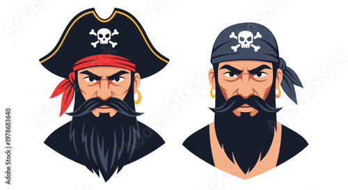 Pair of detailed pirate character portraits featuring a captain in a tricorn hat and a sailor in a dark blue head bandana.