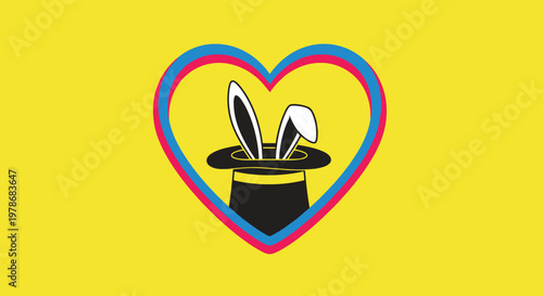 Magical graphic of a magician hat with rabbit ears sticking out placed in the center of a colorful multi layered heart icon.