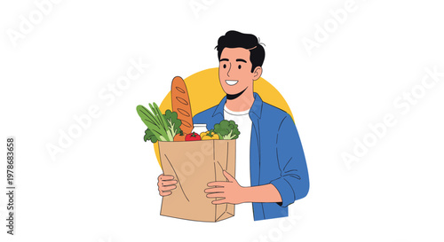 Cheerful young man wearing a blue shirt and smiling while carrying a large brown paper bag full of fresh groceries and food.