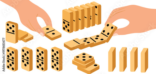 Hands playing with wooden dominoes set collection featuring falling blocks and tiles arranged in rows for fun tabletop game leisure