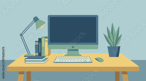 Minimalist home office desk with computer, books, and plant illustration