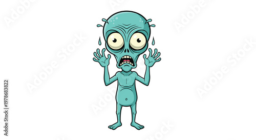 Scared alien cartoon character with large eyes stands sweating in fear against a plain white background, expressive extraterrestrial.