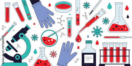 Science laboratory equipment set with microscope test tubes petri dish and virus cells for medical research and blood testing illustration