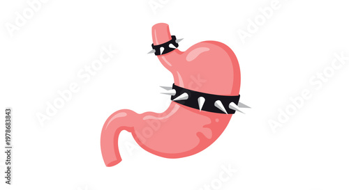 Human stomach organ illustration wearing punk style spiked black leather collars, conceptual art representing digestive pain or rebellion.