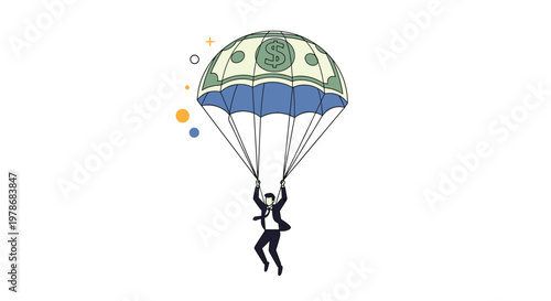 Successful businessman in formal suit floats down safely using a large green money banknote parachute, financial security concept illustration.