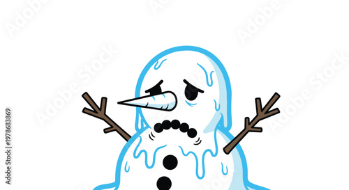 Sad melting snowman with carrot nose and coal mouth looks unhappy as winter ends, blue outlines suggesting cold temperatures and thawing.
