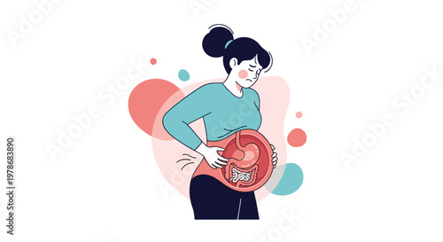 Young woman suffering from severe abdominal pain or digestive issues with internal organs visible in a circular diagram over her stomach area.
