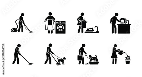 Various household chores depicted in simple black figures silhouette
