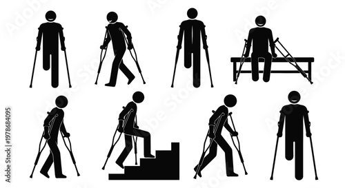People with disabilities using crutches in various poses a black silhouette