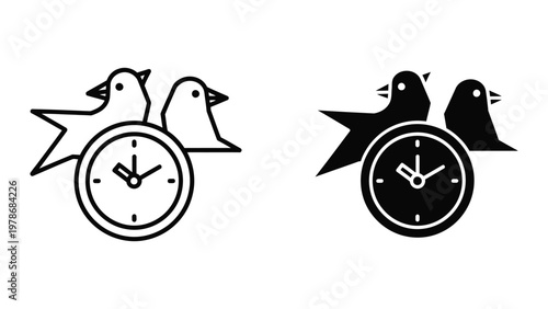 Contrast between light and dark themed clocks with birds perched atop star backgrounds