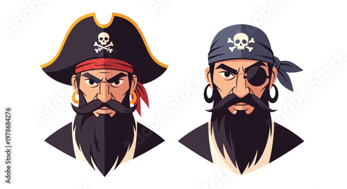 Two distinct portraits of tough pirates featuring beards, eye patches, bandana and captain's hat with skull and crossbones emblems.