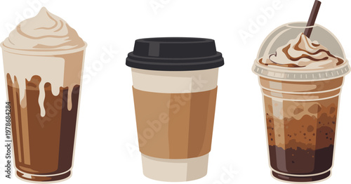 Set of takeaway coffee cups including iced frappuccino with whipped cream and hot coffee in paper cup for cafe menu design illustrations.