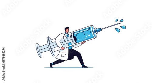 Doctor in a white lab coat running while carrying a massive medical syringe filled with blue liquid, health immunization concept.