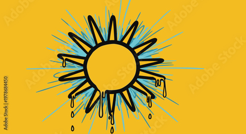 Sun with rays and droplets falling.