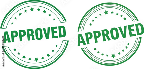 Set of green circular approval stamps with star patterns and dotted borders, signifying official validation, quality assurance, and certified status for business and product labeling