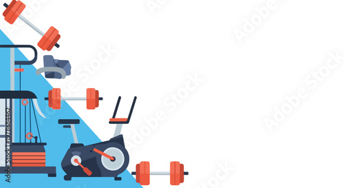 A modern flat vector design of workout equipment like an exercise bike and barbells arranged on a blue and white split background.