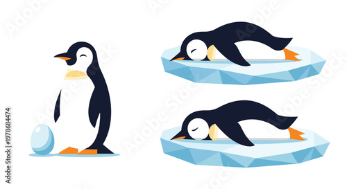 Adorable penguin standing next to a blue egg alongside two other penguins sleeping peacefully on floating ice floes in the arctic.