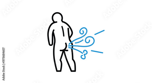 Humorous simple line drawing of a person leaning forward and farting with blue wind clouds coming from the back area.