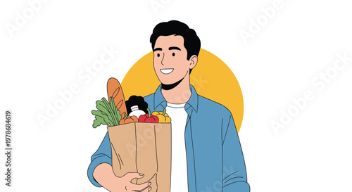 Smiling young man carrying a brown paper bag full of fresh groceries including bread and vegetables against a yellow circle.