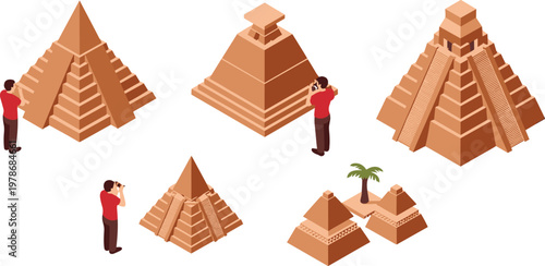 Isometric illustration set of ancient pyramids with tourists for travel and history design