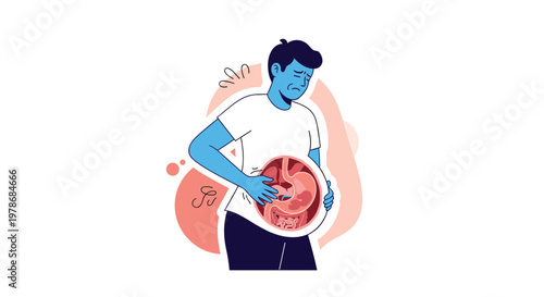 Unhappy man suffering from stomach pain with his internal digestive system and organs visible through a circular medical window.