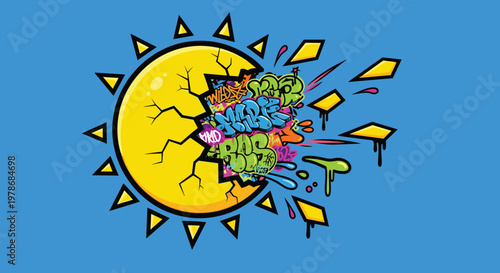 Colorful graffiti explosion on sun.