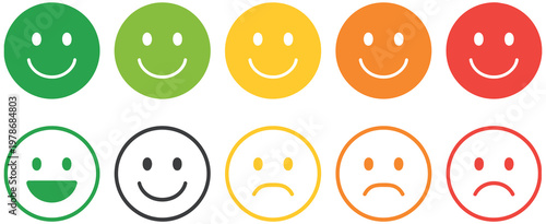 Five facial expression feedback icon vector, rating satisfaction set depicting a range of emotions from negative to positive, suitable for surveys, reviews, evaluation forms and user experience 