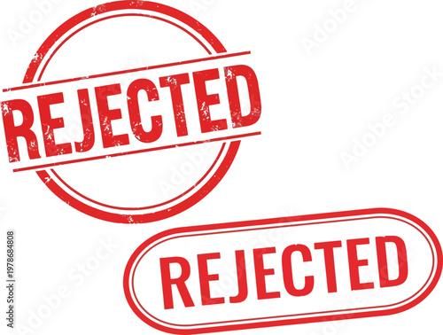 Set of two distressed red 'REJECTED' rubber stamps, featuring both a circular and an oval design, isolated on a white background for clear official document marking