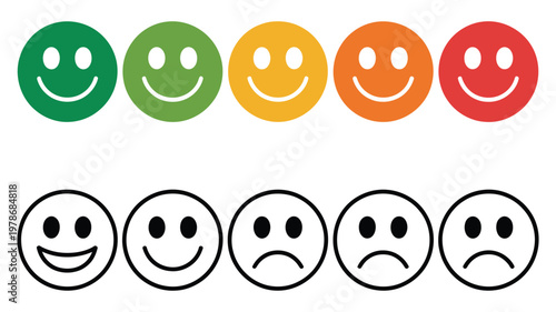 Five facial expression feedback icon set, rating satisfaction vector showing emotions from very dissatisfied to very satisfied, ideal for surveys, customer reviews, evaluation forms and user 