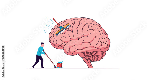 Concept of mental maintenance showing a person scrubbing a giant human brain with a mop and a bucket of water.