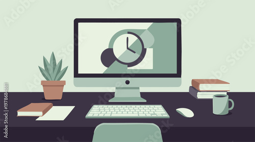 Minimalist Flat Design Office Desk with Computer, Books, and Time Concept