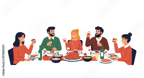 Diverse group of family and friends enjoys a festive Thanksgiving dinner around a large table featuring a roasted turkey.