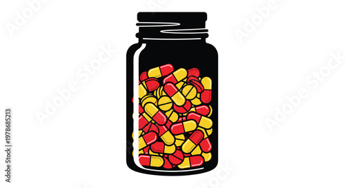 Black glass medicine bottle is filled to the top with numerous red and yellow capsules for medical treatment and health care.