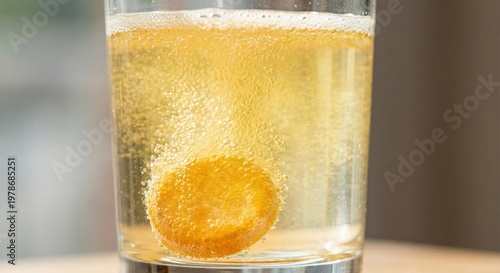 Effervescent vitamin C tablet dissolving in glass of water