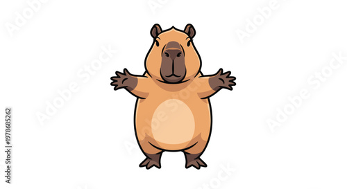 Friendly capybara stands upright with its arms spread wide open as if waiting to give someone a warm and fuzzy hug.