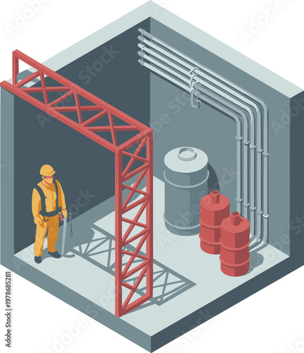 Isometric industrial factory interior with worker pipes and tanks vector illustration for engineering use