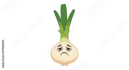 Sad cartoon garlic character with droopy eyes and a frowning mouth looks very unhappy and disappointed with its current state.
