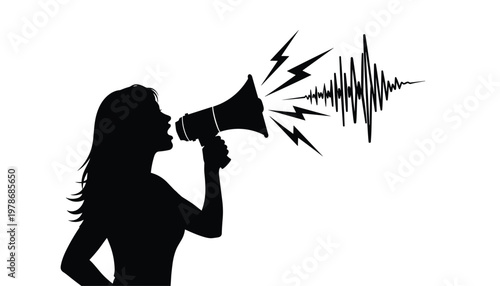 Vector silhouette of a woman speaking into a megaphone with sound waves