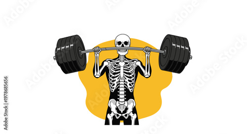 Powerful skeleton weightlifter raises a heavy barbell over its head with great effort against a bright yellow background.