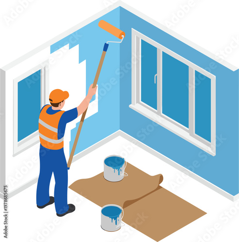 Isometric interior wall painting renovation worker with roller illustration