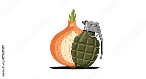 Visual metaphor shows a large onion bulb positioned next to a military hand grenade to suggest a strong or pungent impact.