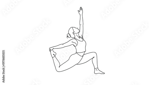 Vector line art illustration of a woman practicing yoga in a modified low lunge pose with a quad stretch