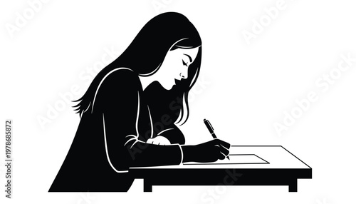 Vector young woman writing at a desk, student taking notes, black and white vector illustration
