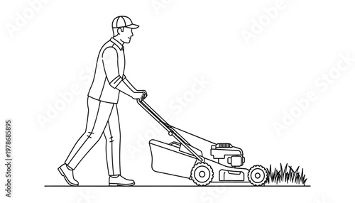 Vector line art illustration of a man mowing the lawn with a push lawn mower, side view, simple black and white drawing of a gardener working