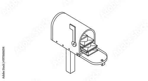 Simple black and white line art drawing of a classic outdoor mailbox mounted on a post with the door open and several letters inside.