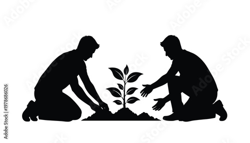 Vector silhouette of two men planting a small tree
