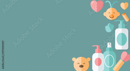 A minimalist flat vector design displaying baby essentials like lotion, hearts, and cute faces on the right, with empty space on the left.