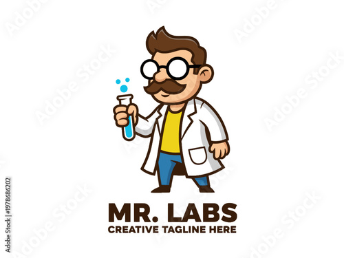 Scientist mascot holding test tube for laboratory mascot logo