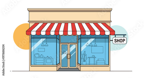 Flat vector illustration of a modern retail shop storefront with a red and white striped awning and large glass display windows.