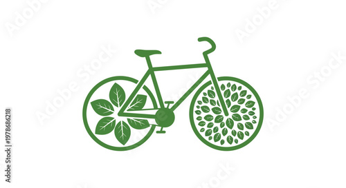 A green bicycle illustration with wheels composed of leaves representing eco friendly transportation